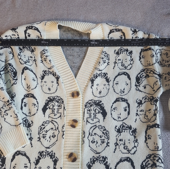 Funny Face Knit Granny Core Button Up V-Neck Loose Comfy Cardigan Statement - Picture 3 of 6